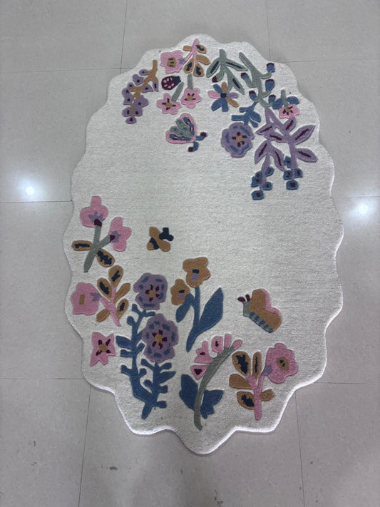 Ivory Floral Butterfly Area Rug, Hand Tufted Oval Scalloped Rug, Pink Purple Blue Wildflower Carpet, Nursery Girls Room Bedroom Decor