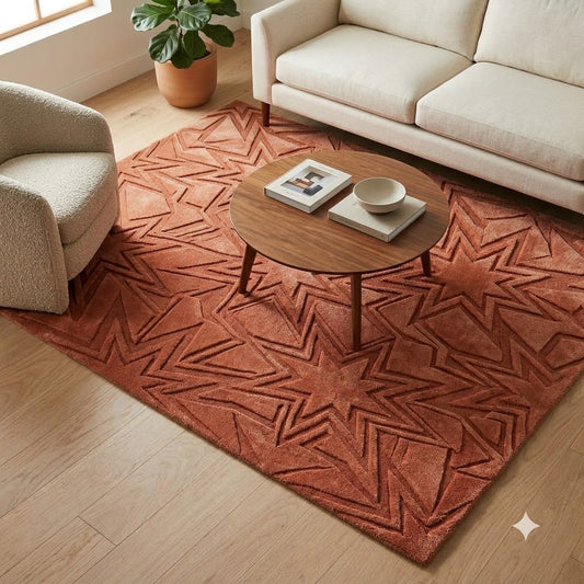 Rust Orange Textured Area Rug, Carved Star Geometric Pattern Carpet, Hand Tufted Wool Rug, Modern Living Room Bohemian Home Decor