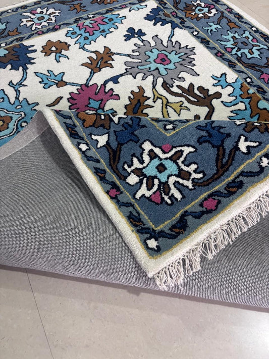 Hand Knotted Ivory Blue Oushak Rug, Slate Blue Border Wool Rug, Turkish Style Floral Carpet, Pink Brown Multicolor Living Room Rug