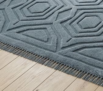 Blue Textured Area Rug, Modern Hexagon Diamond Pattern Carpet, Hand Tufted Wool Rug with Fringe, Living Room Bedroom Contemporary Decor
