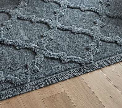 Blue Trellis Pattern Area Rug, Textured Moroccan Style Carpet, Hand Tufted Wool Rug with Fringe, Living Room Farmhouse Boho Decor