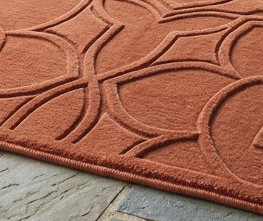 Rust Orange Textured Area Rug, Carved Medallion Geometric Pattern Carpet, Hand Tufted Wool Rug, Modern Bohemian Living Room Decor