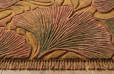 Ginkgo Leaf Area Rug, Carved Botanical Pattern Carpet, Hand Tufted Wool Rug, Amber Gold Rust Autumn Nature Living Room Statement Decor
