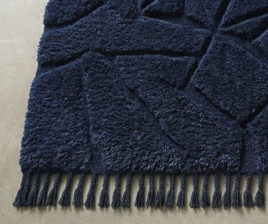 Navy Blue Textured Area Rug, Geometric Carved Pattern Carpet, Hand Tufted Wool Rug with Fringe, Modern Living Room Bedroom Decor