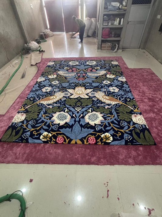 Hand Tufted Navy Botanical Bird Area Rug, Strawberry Floral Pattern Carpet, Vintage Style Wool Rug, Living Room Statement Decor