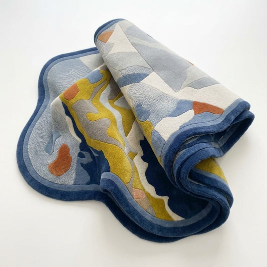 Abstract Organic Shape Area Rug, Modern Free Form Wool Rug, Blue Mustard Terracotta Art Rug, Contemporary Living Room Statement Carpet