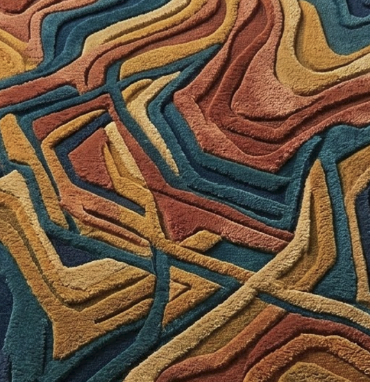 Abstract Multicolor Area Rug, Rust Teal Gold Marbled Pattern Carpet, Hand Tufted Wool Rug with Fringe, Boho Statement Living Room Decor