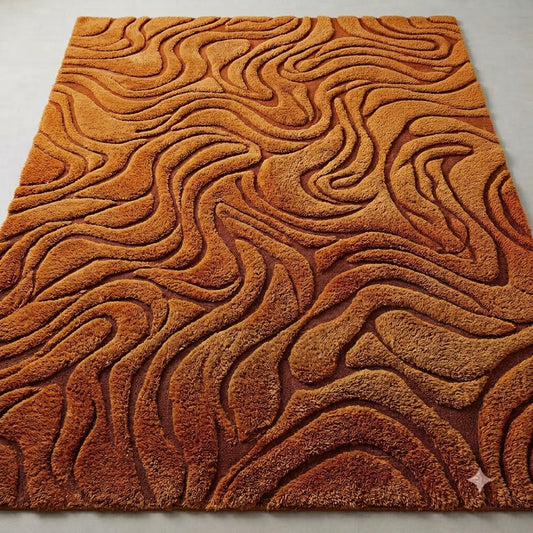 Handmade Rust Orange Area Rug | Modern Swirl Wave Pattern Rug | Hand-Tufted Wool Carpet | Contemporary Living Room Rug