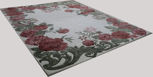 Ivory Rose Floral Area Rug, Hand Tufted Botanical Scroll Carpet, Pink Sage Green Vintage Cottage Wool Rug, Living Room Bedroom Decor