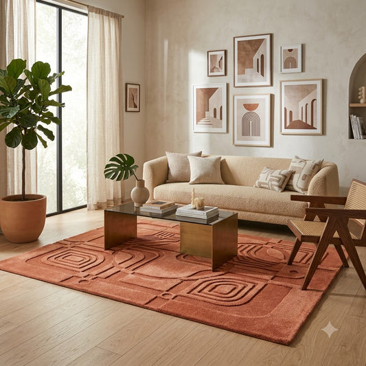 Terracotta Rust Area Rug, Carved Geometric Panel Pattern Carpet, Hand Tufted Wool Rug, Mid Century Modern Living Room Statement Decor