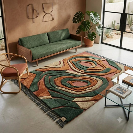 Terracotta Green Textured Area Rug, Abstract Wave Pattern Carpet, Hand Tufted Wool Rug with Fringe, Earthy Boho Living Room Decor