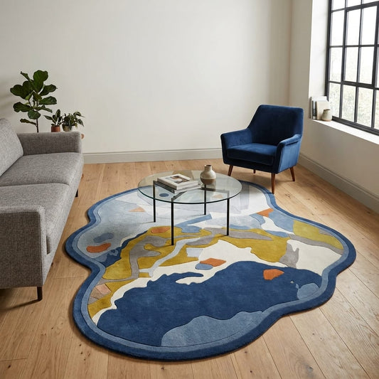 Abstract Organic Shape Area Rug, Modern Free Form Wool Rug, Blue Mustard Terracotta Art Rug, Contemporary Living Room Statement Carpet