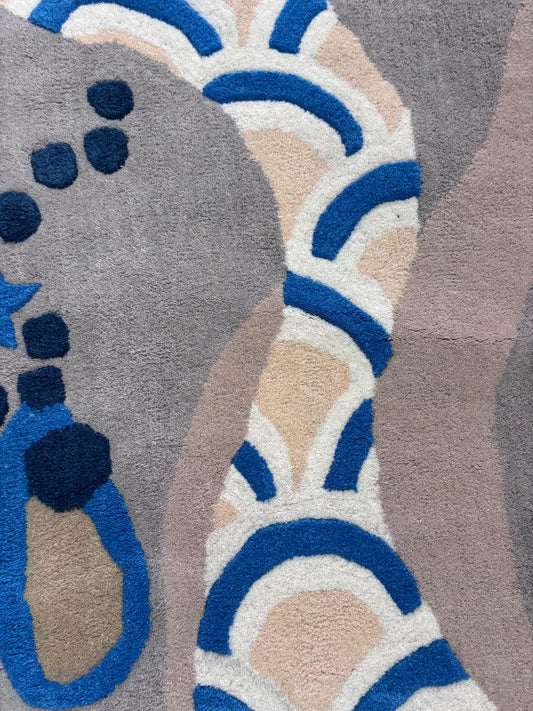 Abstract River Shaped Area Rug, Blue Grey Wave Pattern Rug, Hand Tufted Free Form Wool Rug, Whimsical Star Design Kids Playroom Carpet