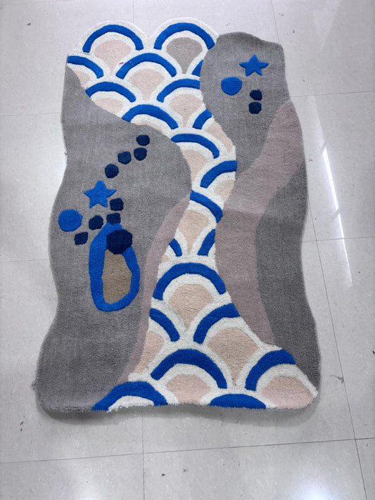 Abstract River Shaped Area Rug, Blue Grey Wave Pattern Rug, Hand Tufted Free Form Wool Rug, Whimsical Star Design Kids Playroom Carpet