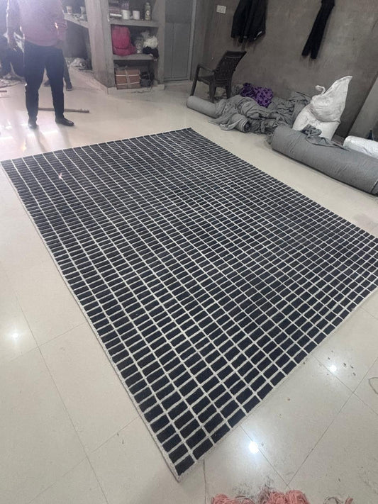 Black Grey Grid Area Rug, Modern Checkered Pattern Carpet, Hand Tufted Wool Rug, Minimalist Geometric Living Room Bedroom Decor