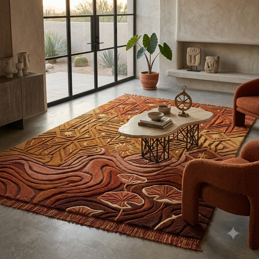 Handmade Wool Area Rug | Rust Orange Nature Design | Abstract Mushroom & Wave Pattern Rug | Hand-Tufted Boho Carpet | Fringe Edge Rug