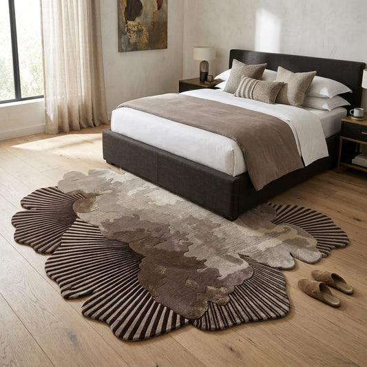 Flower Shaped Area Rug, Scalloped Shell Rug, Modern Boho Bedroom Rug, Camouflage Pattern Carpet, Beige Brown Living Room Rug, Unique Decor