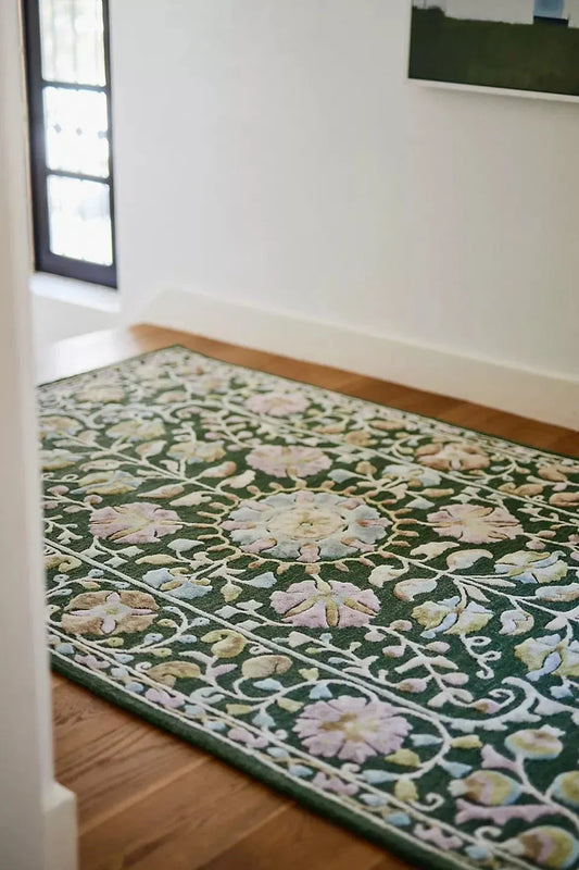 Anthropologie rug Hand-Tufted Tali Rug Floral Design Wool Viscose Rug Persian Style Rug With Pop Of Green And Vibrant Viscose 5×8 6×9 RugS