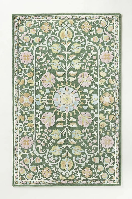 Anthropologie rug Hand-Tufted Tali Rug Floral Design Wool Viscose Rug Persian Style Rug With Pop Of Green And Vibrant Viscose 5×8 6×9 RugS
