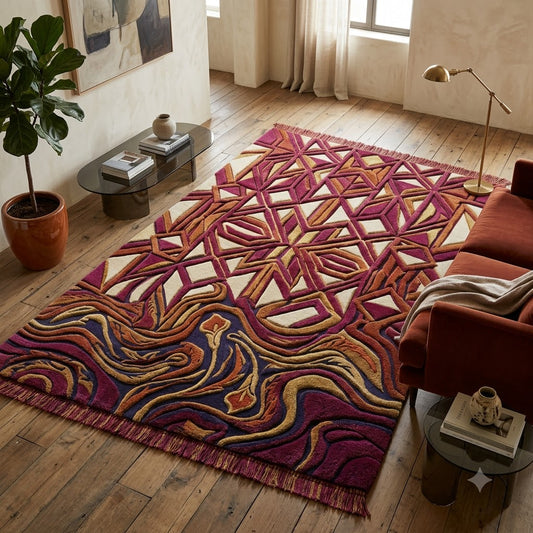 Magenta Gold Area Rug, Bohemian Geometric Pattern Carpet, Hand Tufted Wool Rug, Jewel Tone Statement Rug for Living Room Bedroom