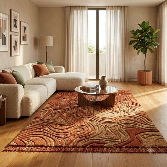 Handmade Multicolor Wave Area Rug | Rust Red Gold Abstract Rug | Hand-Tufted Wool Living Room Carpet | Boho Contemporary Statement Rug