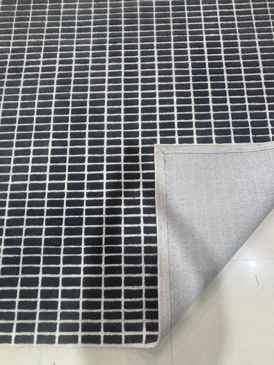 Black Grey Grid Area Rug, Modern Checkered Pattern Carpet, Hand Tufted Wool Rug, Minimalist Geometric Living Room Bedroom Decor