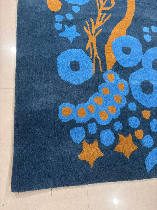 Navy Blue Whimsical Area Rug, Hand Tufted Modern Kids Rug, Abstract Bubbles Stars Carpet, Orange Blue Fun Nursery Playroom Rug