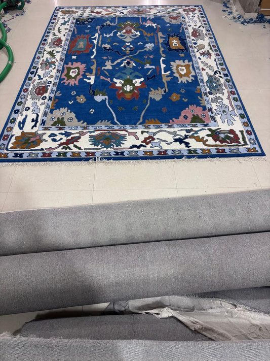 Hand Knotted Oushak Rug, Blue Wool Area Rug, Turkish Style Vintage Look Carpet, Floral Medallion Rug for Living Room, Bedroom Handmade Rug
