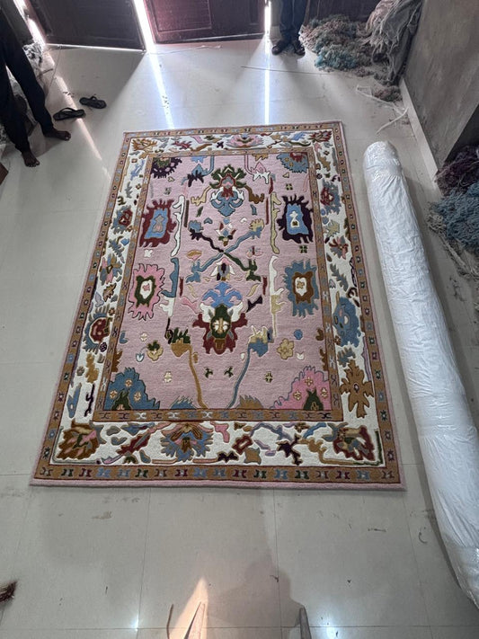Hand Knotted Pink Oushak Rug, Blush Wool Area Rug, Turkish Style Floral Medallion Carpet, Ivory Multicolor Bohemian Rug for Living Room