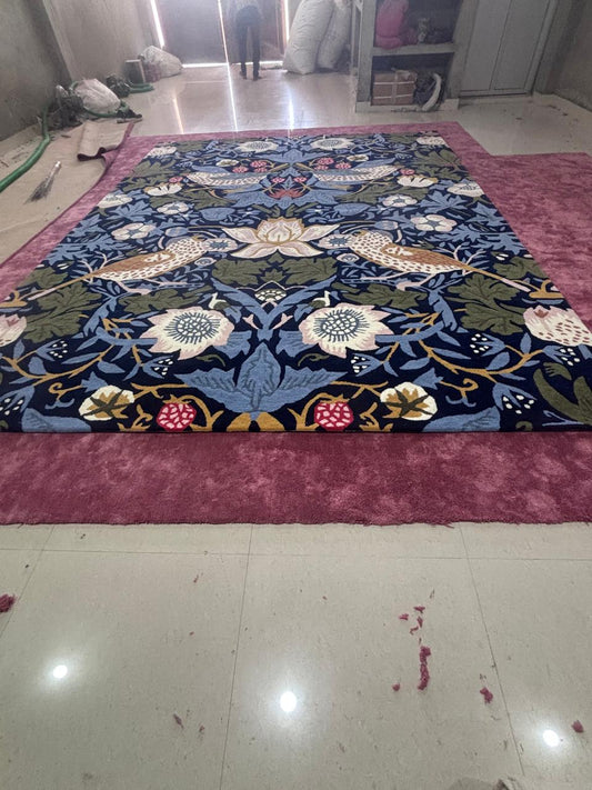 Hand Tufted Navy Botanical Bird Area Rug, Strawberry Floral Pattern Carpet, Vintage Style Wool Rug, Living Room Statement Decor