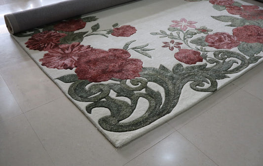 Ivory Rose Floral Area Rug, Hand Tufted Botanical Scroll Carpet, Pink Sage Green Vintage Cottage Wool Rug, Living Room Bedroom Decor