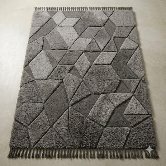 Grey Abstract Geometric Area Rug, Modern Diamond Pattern Carpet, Hand Tufted Wool Rug with Fringe, Contemporary Living Room Decor