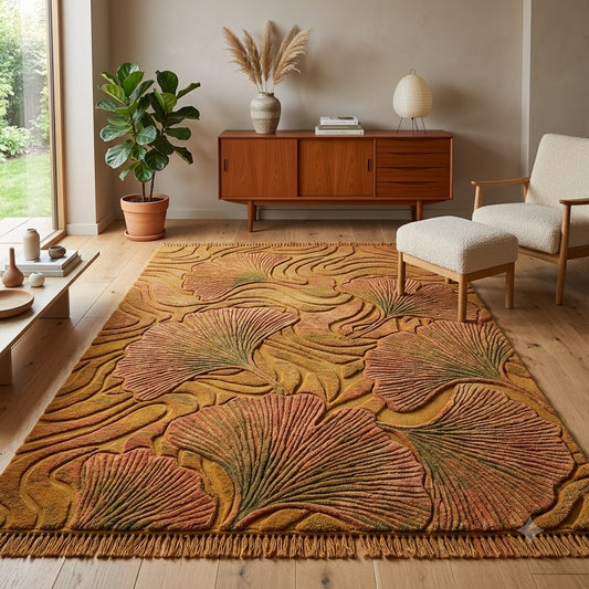 Ginkgo Leaf Area Rug, Carved Botanical Pattern Carpet, Hand Tufted Wool Rug, Amber Gold Rust Autumn Nature Living Room Statement Decor
