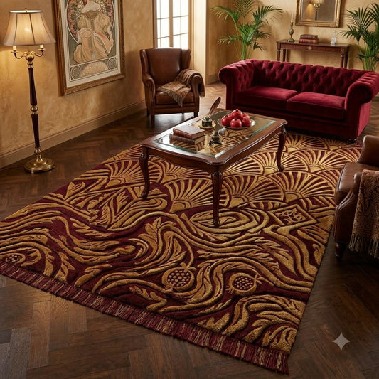 Handmade Zebra Print Area Rug | Burgundy Gold Wool Rug | Abstract Animal Print Carpet | Luxury Living Room Rug | Hand-Tufted Statement Rug