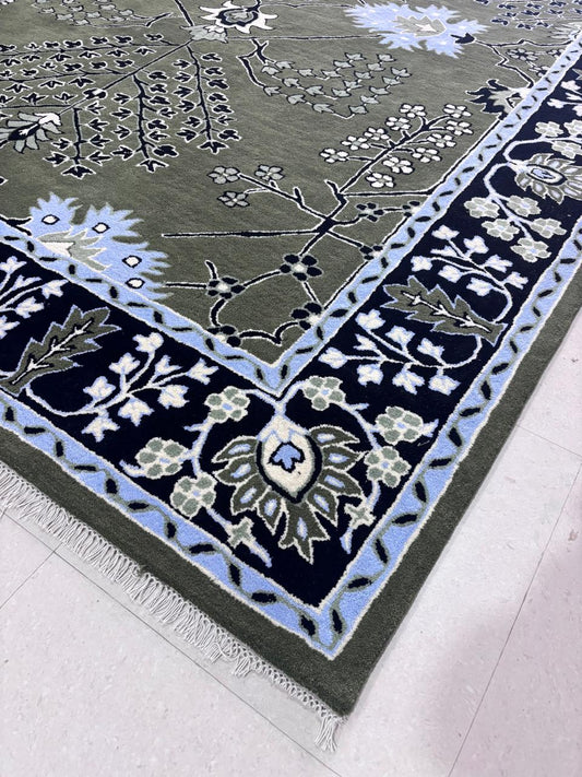 Hand Knotted Olive Green Oushak Rug, Navy Blue Border Wool Rug, Turkish Style Floral Carpet, Sage Sky Blue Living Room Bedroom Rug
