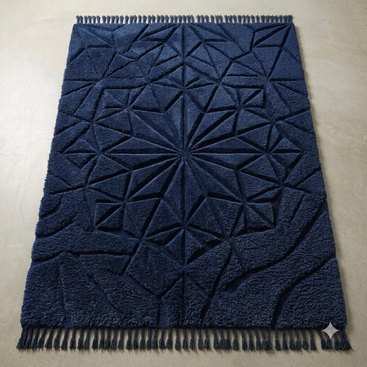 Navy Blue Textured Area Rug, Geometric Carved Pattern Carpet, Hand Tufted Wool Rug with Fringe, Modern Living Room Bedroom Decor