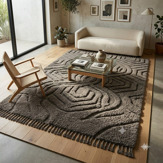 Brown Textured Area Rug, Carved Maze Pattern Carpet, Hand Tufted Wool Rug with Fringe, Modern Living Room Contemporary Home Decor