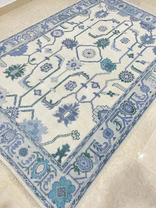 Cream And Blue 8×10 Area Rug Oushak Rug Beige Natural Oushak Rug Hand Knotted Floral Rug Abstrect Rug Contempory Rug Kids Rug Living Rug
