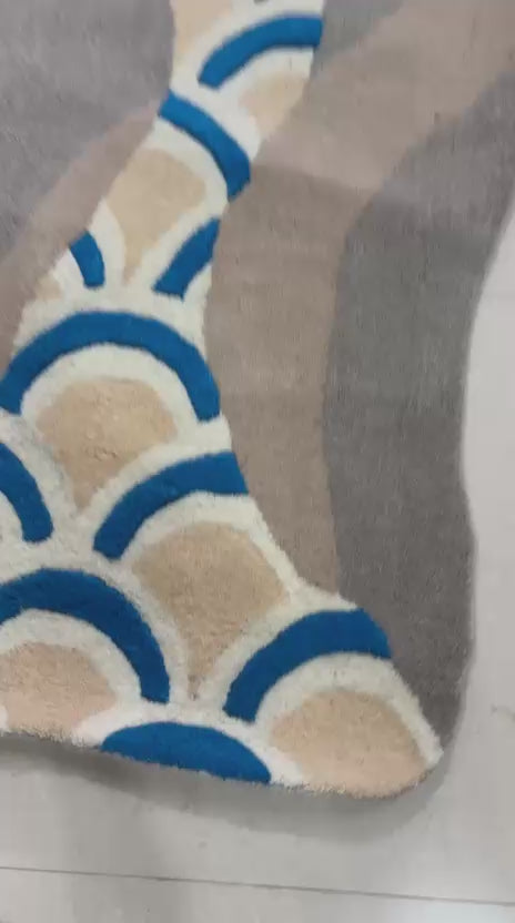 Abstract River Shaped Area Rug, Blue Grey Wave Pattern Rug, Hand Tufted Free Form Wool Rug, Whimsical Star Design Kids Playroom Carpet
