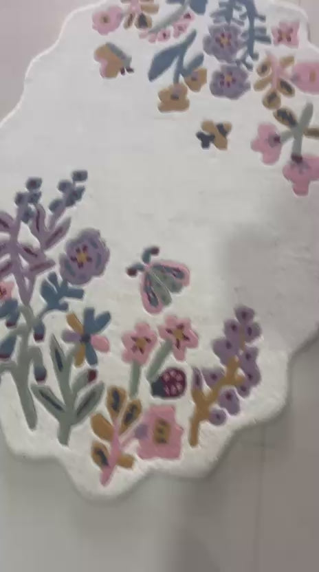 Ivory Floral Butterfly Area Rug, Hand Tufted Oval Scalloped Rug, Pink Purple Blue Wildflower Carpet, Nursery Girls Room Bedroom Decor