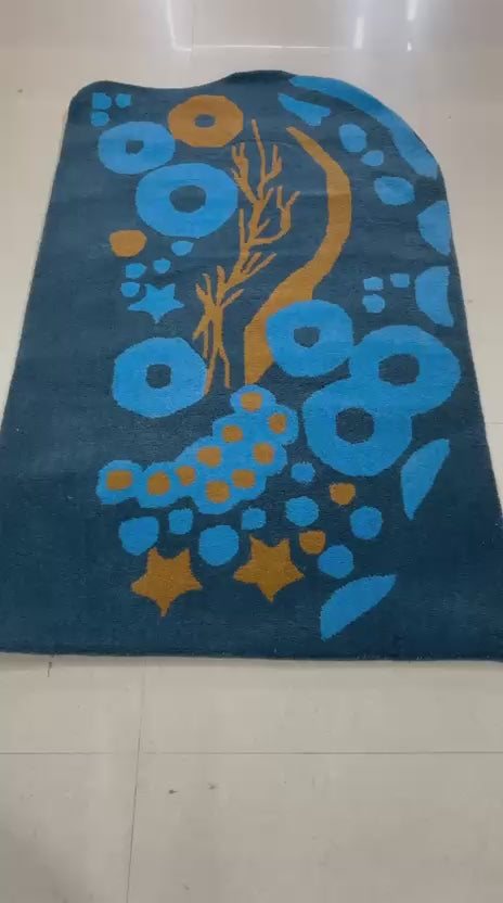 Navy Blue Whimsical Area Rug, Hand Tufted Modern Kids Rug, Abstract Bubbles Stars Carpet, Orange Blue Fun Nursery Playroom Rug