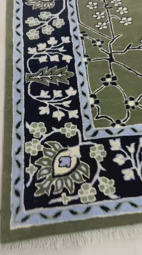 Hand Knotted Olive Green Oushak Rug, Navy Blue Border Wool Rug, Turkish Style Floral Carpet, Sage Sky Blue Living Room Bedroom Rug