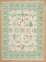 Cream And Green Oushak Rug, Modern Turkish Rug Green Accent, Contempory Hand Knotted Rug 8x10 White Bedroom Rug, Dinning Table Rug - Image 3