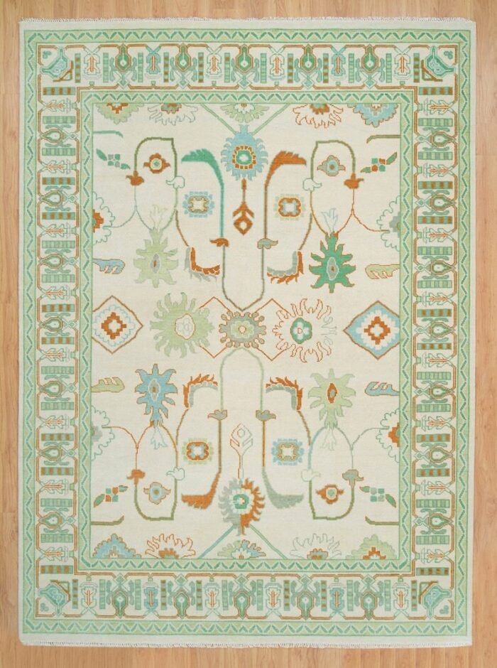 Cream And Green Oushak Rug, Modern Turkish Rug Green Accent, Contempory Hand Knotted Rug 8x10 White Bedroom Rug, Dinning Table Rug - Image 3