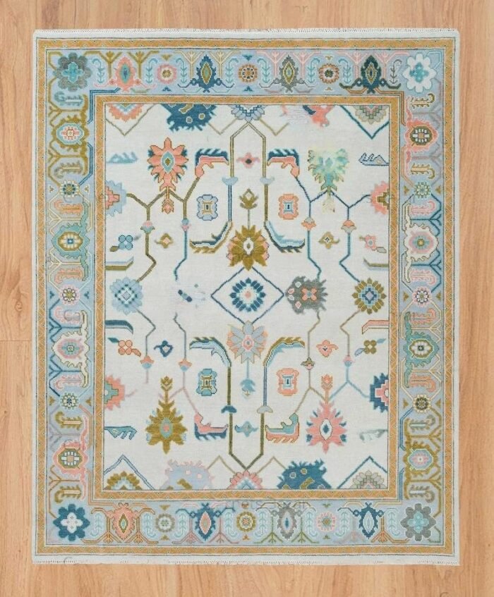 Cream And Green Oushak Rug, Modern Turkish Rug Green Accent, Contempory Hand Knotted Rug 8x10 White Bedroom Rug, Dinning Table Rug - Image 9