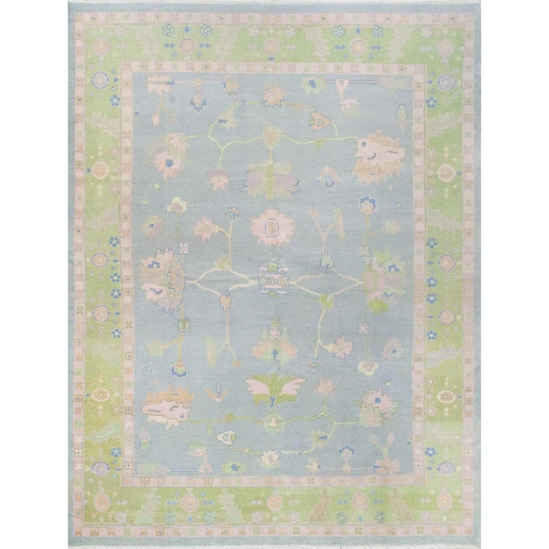 Lite Blue And Green Border Accent Oushak Rug 8x10 Area Rug Multicolor Hand Knotted Wool Rug Abstrect Rug Kids Rug Living Room Rug Bedroom - Image 4