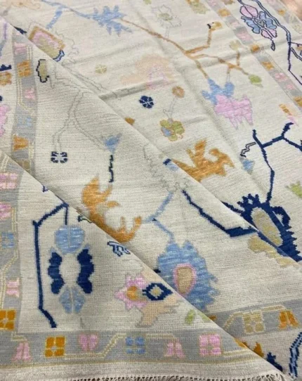 Cream Hand Knotted 9x12 Wool Rug Contempory Area Rugs | Turkish Blue Oushak | Living Room traditional rug Living Room Rug Bedroom Rug