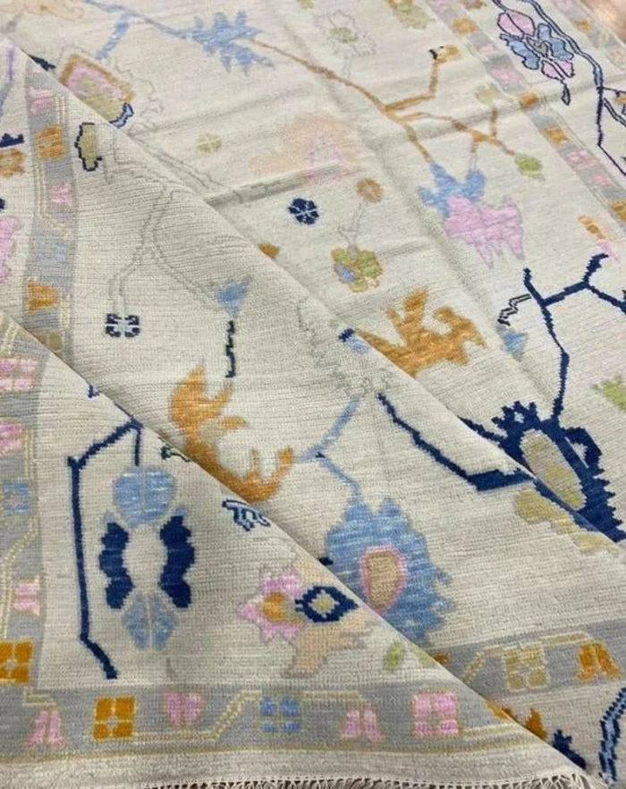 Cream Hand Knotted 9x12 Wool Rug Contempory Area Rugs | Turkish Blue Oushak | Living Room traditional rug Living Room Rug Bedroom Rug