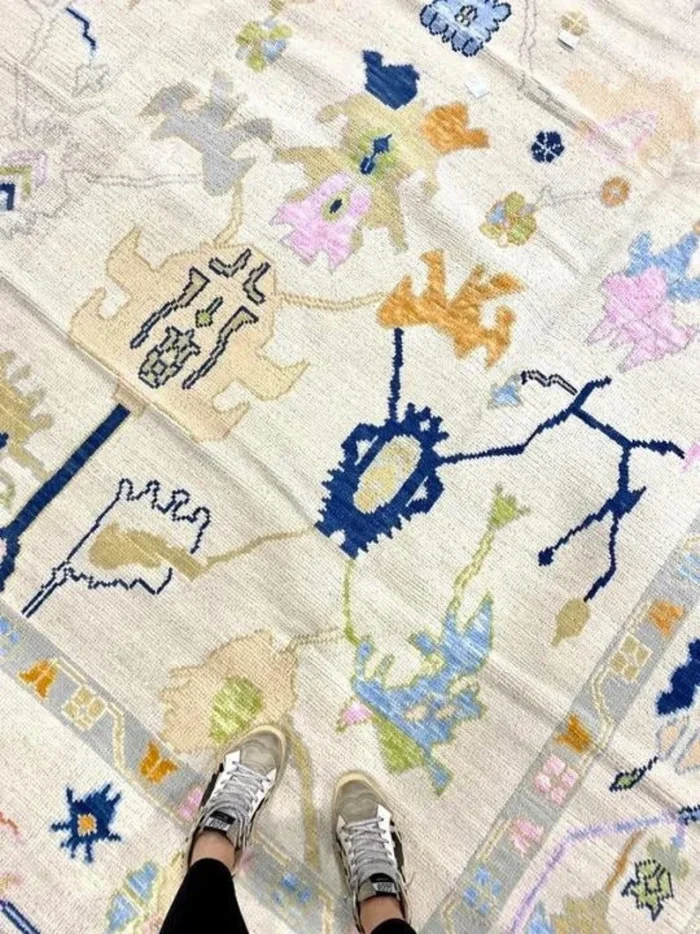 Cream Hand Knotted 9x12 Wool Rug Contempory Area Rugs | Turkish Blue Oushak | Living Room traditional rug Living Room Rug Bedroom Rug - Image 6
