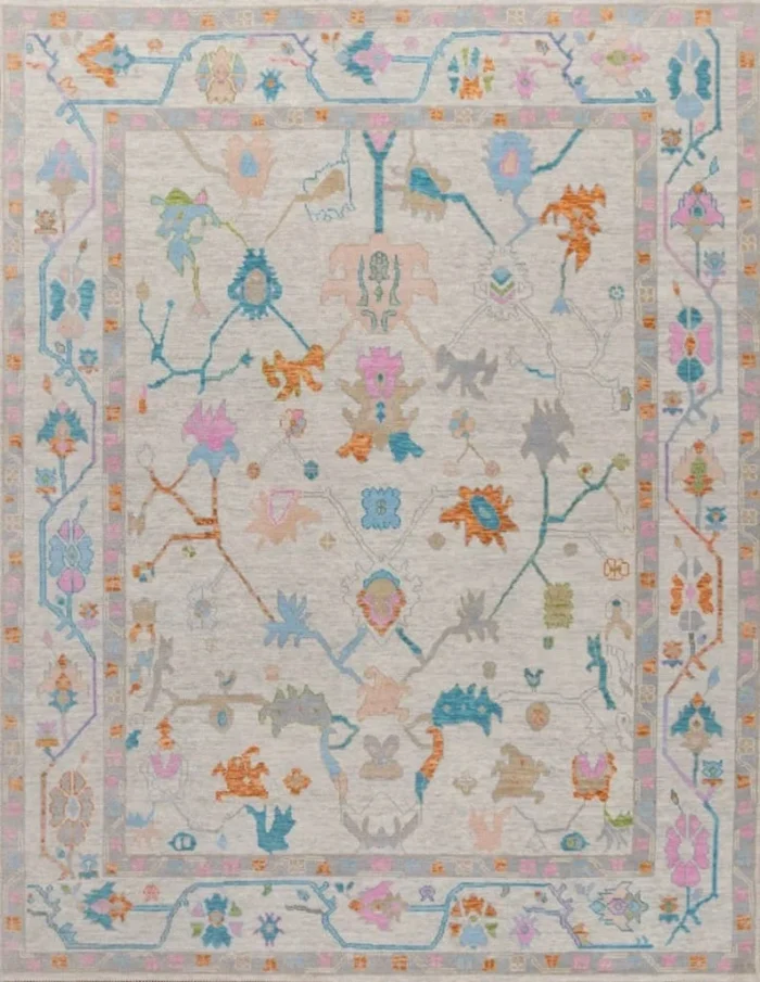 Cream Hand Knotted 9x12 Wool Rug Contempory Area Rugs | Turkish Blue Oushak | Living Room traditional rug Living Room Rug Bedroom Rug - Image 9